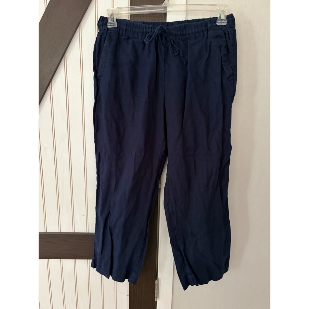 Charter Club Navy Blue 100% Linen Drawstring Cropped Pants Womens Medium